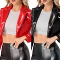 Helle Lacklederjacke mit Revers Damen Crop Mantel für Club Party