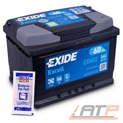 EXIDE AUTOBATTERIE 12V 60Ah STARTERBATTERIE 520A EB602 EXCELL+BATTERIE POL FETTSOFORT EINSATZBEREIT-PREIS ENTHÄLT 7,50 € BATTERIEPFAND