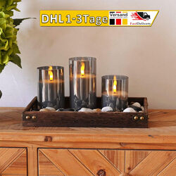 LED Glaskerzen + Timer 3er Set Flackereffekt Echtwachs Kerzen Champagner Grau