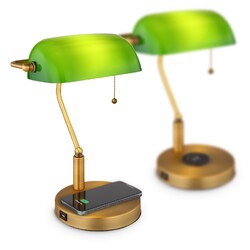 LUXUS BANKERLAMPE GRÜN 2er SET MESSING SCHREIBTISCHLEUCHTE LADESTATION 159480343