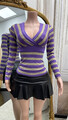Sexy Koucla Damen V-Neck Langarm Shirt gestreift mit Glitzer Gr. S/M/L/XL/XXL