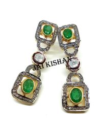 Echte Smaragd Edelstein Pave Polki Diamant 925 Sterling Silber Ohrringe Geschenk