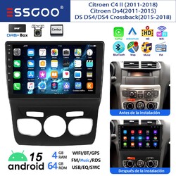DAB+ Für Citroen C4 II DS4 2011-18 Android 15 Autoradio 4+64G GPS Carplay KAM FM