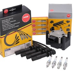 NGK Zündspule + Kabelsatz + 4x Zündkerze für VW GOLF 4 LUPO POLO 6N2 1.4/1.6 16V