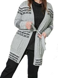 LONG-STRICKJACKE mit BINDE-GÜRTEL grau-offwhite-schwarz GR.48/50 oder 52/54 NEU