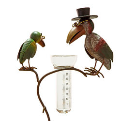 Metall Regenmesser Raben Gartenstecker mit Glas 136cm Vögel bunt Rost Deko Figur