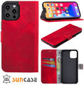 Suncase® Leder Tasche Hülle Klapp Case Book Cover in Antik Rot für iPhone 15 Pro