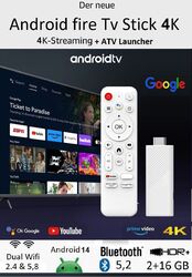 2025 Android 14 Fire Tv Stick Box 4K 2 Wifi BT-Sprachfernbedienung YouTube Apps+
