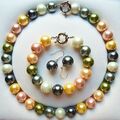 14mm mehrfarbig Muschelkernperlen Halskette Armband & Ohrringe gesetzt