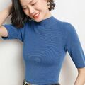 Damen Schlicht Gestrickt Turtle Kragen T-Shirt Stretch Pullover Kurzärmel Top