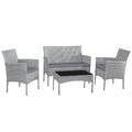 4tlg Stahl & Kunststoff Rattan Sofa Set in grau mit grauem Kissen und schwarzem Glas