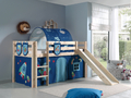 Spielbett inkl. Rutsche mit Textilset Vorhang, Tunnel & 3 Taschen "Astro", Kiefe