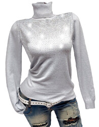 Damen Rollkragenpullover Kuschelweich Pullover mit Strass  Hellgrau 34 36