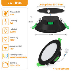 LED 7W Einbaustrahler Dimmbar Ultra Slim Leuchte Flach Panel 230V Einbau Spot⚡68mm Ausschnitt⚡3000K/4000K/5700K alles in einem🌓