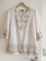 Tunika Bluse 3/4 Ärmel in Weiß mit Stickerei, V-Ausschnitt, Gr. 40