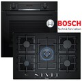 Gas Herdset Bosch Autark Backofen Teleskop Schwarz + Gas Kochfeld Glas 75cm, Neu