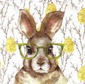 4 Servietten Kaninchen Hase mit Brille gelbe Ostereier am Strauch