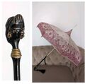 Vintage Paragon Fuchspagode Regenschirm geschnitzt Gesicht Griff rosa Windmühle Muster