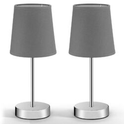 Tischlampe Nachttischlampe 2er Set Design Tischleuchte Wohnzimmerlampe Leuchte✔️ schwerer Lampenfuß ✔️ Stoffschirm ✔️ verchromt