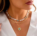 Zara 18K Vergoldet 3 Lagen Türkis Sonne Perle Evil Eye Halskette Anhänger Sale