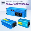 500W 1000W 1500W Reiner Sinus Spannungswandler 12V auf 230V Wechselrichter USB