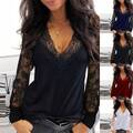 Damen V-Ausschnitt Oberteile T-shirt Longsleeve Spitze Langarmbluse Top Tunika