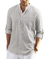 Leinenhemd Herren Langarm Leichtes Grau Henley Sommerhemd für Männer Baumwoll...