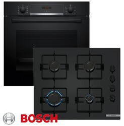 GAS Herd Set Bosch Einbau Autark Backofen Schwarz + GAS Glas Kochfeld