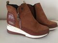 BOOTS Stiefeletten Sneakersohle 2x Reißverschluss Velourleder-Optik Cognac 39