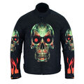 Flammen und Totenkopf schwarz Textil Stoff Biker Jacke herausnehmbare Rüstung & Futter