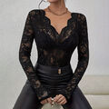 Sexy Damen Transparent Spitze T-Shirt Oberteile Slim Top V-Neck Langarm Clubwear