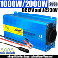 1000W 2000W Reiner Sinus Spannungswandler 12V auf 230V Auto Wechselrichter 2USB