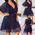 Übergröße Damen V-Neck Mesh Partykleid Cocktailkleid Elegant A-Linie Abendkleid