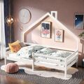 Kinderbett 90x200cm Hausbett mit Rausfallschutz Lattenrost Bodenbett Holz Massiv
