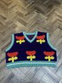 Handgestrickte Cropped Floral ärmellose Strickjacke Weste Gr. L/XL