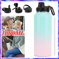 1L Edelstahl Trinkflasche Wasserflasche Isolierflasche mit Strohhalm & 3 Deckel