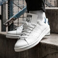 Adidas Stan Smith Herren Weiß Blau Echtes Leder Turnschuhe Tennis Komfortabel