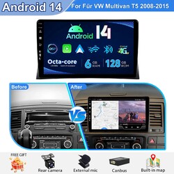 6+128GB Autoradio Android14 Carplay DAB+WIFI GPS BT Für VW Multivan T5 2008-2015