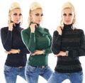 Damen Rollkragen Pullover Pulli Fein Strick Rolli Blockstreifen Glitzer 36 38 40