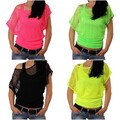 Damen Netzshirt Neon Party Top – Einteiler mit integriertem Tanktop - Festival
