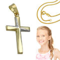 Echt Gold 750 bicolor Kinder Kommunion Kreuz Anhänger mit Kette Silber vergoldet
