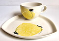Tasse Servierteller Dreieck Zitrone Gebäckteller Keramik Tablett Handbemalt Vtg