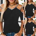 Sexy Damen Schulterfrei T-Shirt Sommer V-Neck Oberteile Kurzarm Hohl Tunika Tops