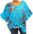 Italy Shirt Bluse Tunika Leinen Optik Oversize Sommer Türkis Floriert  44 46 #23