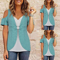 Damen Schulterfrei Kurzarm Tops Bluse V-Neck Farbblock T-Shirt Sommer Oberteile