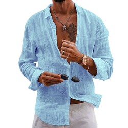 T-Shirt Bluse Oberteile Herren Langarm Leinen-Optik Hemd Tops Freizeit Knopf Top