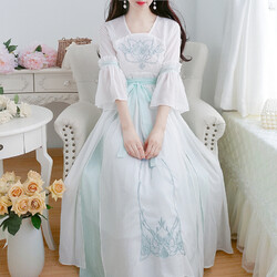 Damen Hanfu Kleid Tüll Netz Rüschen Ausgestellt Arm Blumen Stickerei mit Gürtel