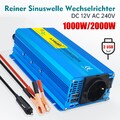 1000W 2000W 12V 230V Reiner Sinuswelle Wechselrichter Spannungswandler 2USB Blau