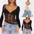 Sexy Damen Spitze Transparent Slim Tops Langarm V-Neck Party Clubwear Bluse Hemd
