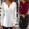 ✿Damen-T-Shirt Aus Spitze Mit V-Ausschnitt Langärmlig Lässig Partybluse. æ